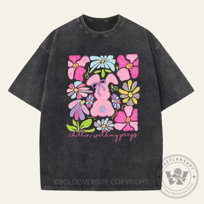 Happy Easter Bunny Chillin With My Peeps Floral Washed T-Shirt