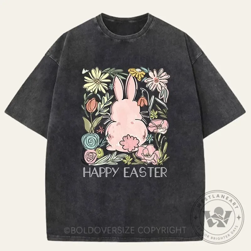Happy Easter Bunny Wildflowers Vintage Washed Oversized T-Shirt