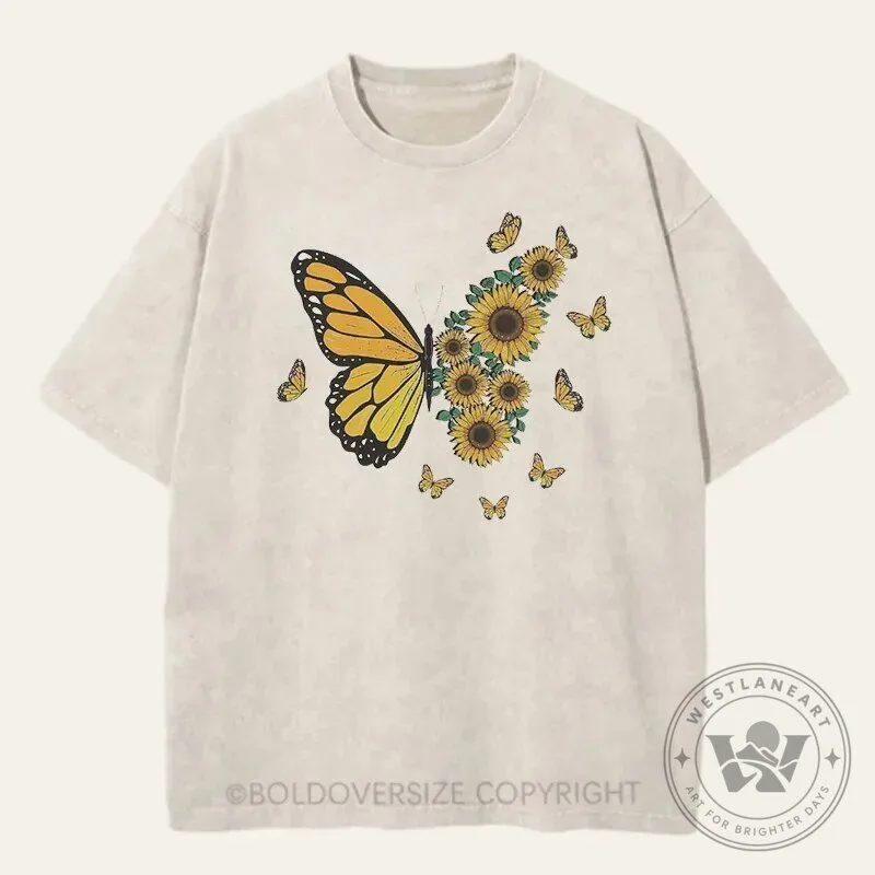 Monarch Butterfly and Sunflower Vintage Washed Graphic T-Shirt