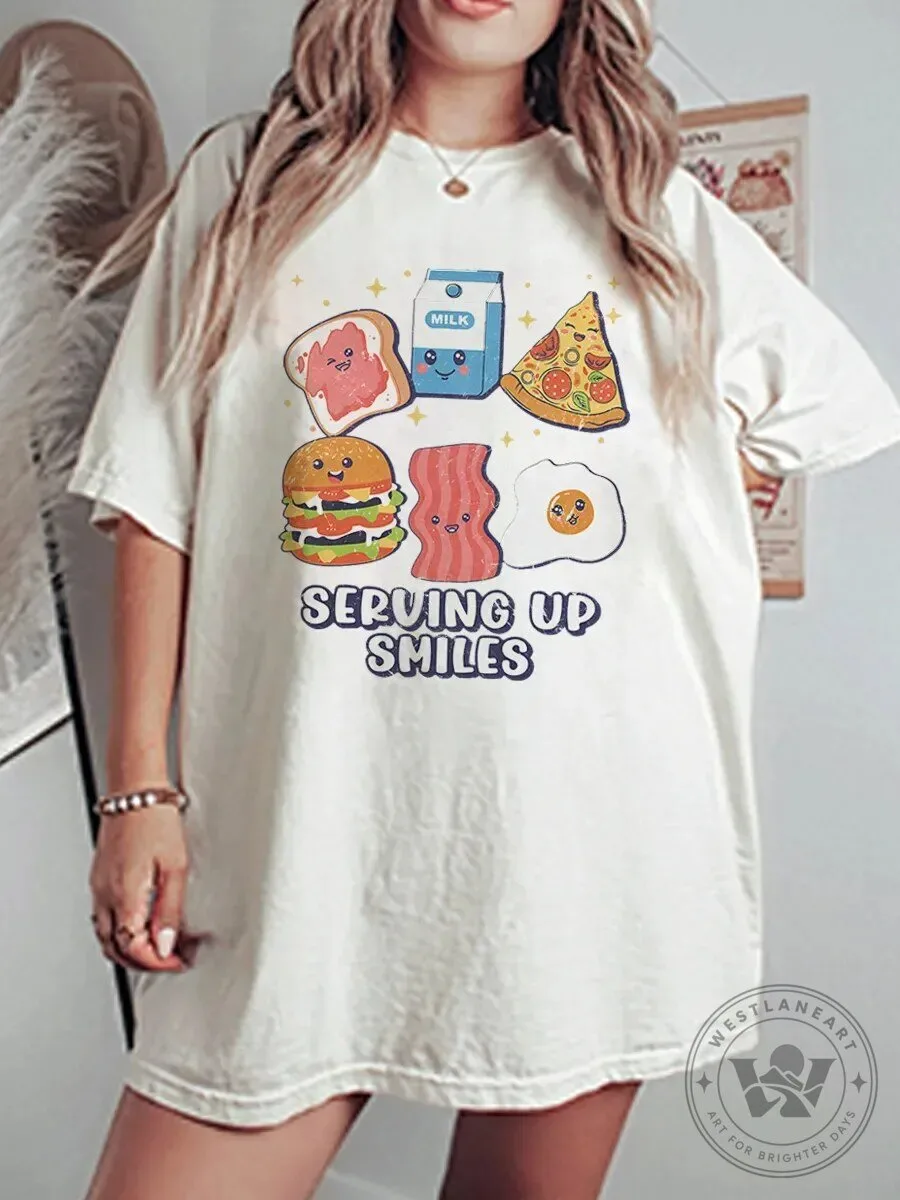 Serving Up Smiles Cute Food Cartoon Graphic Tee Shirt for Women