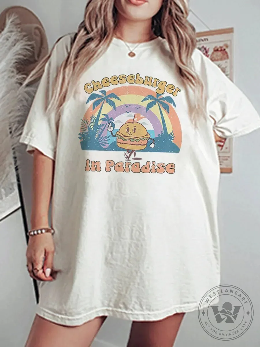 Cheeseburger In Paradise Retro Rainbow Palm Tree Graphic T-Shirt